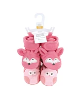 Hudson Baby Baby Girls Animal Fleece Booties 2-Pack, Pink Owl Fox