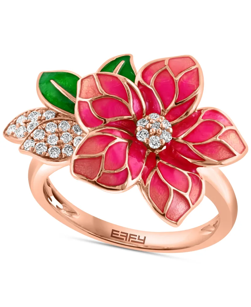 Effy Pink & Green Enamel & Diamond Flower Ring (1/5 ct. t.w.) in 14k Rose Gold