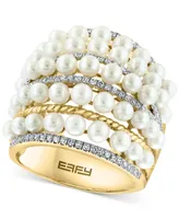 Effy Cultured Freshwater Pearl (4mm) & Diamond (3/8 ct. t.w.) Multirow Statement Ring in 14k Gold