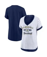 Women's White, Navy Milwaukee Brewers Iconic Noise Factor Pinstripe V-Neck T-shirt