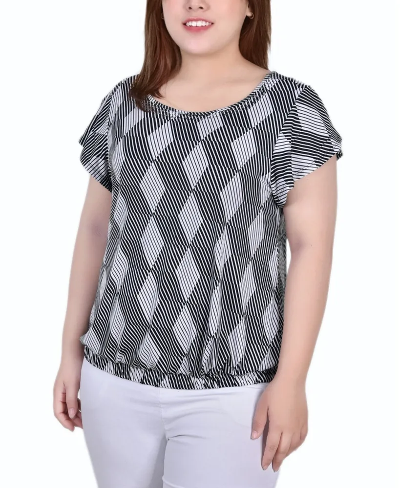 Plus Size Short Flutter Sleeve Top with Studded Neckline