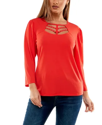 Women's 3/4 Sleeve Top with Cage Neck and Metal Studs