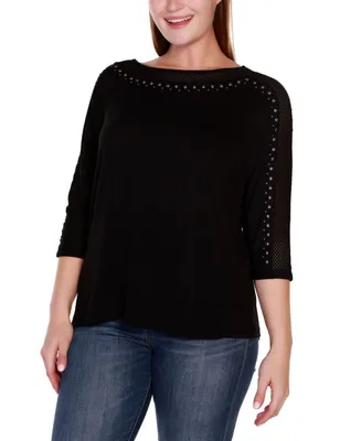 Belldini Plus Size Embellished Dolman with Mesh Inset Top