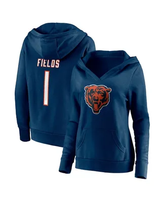 Women's Fanatics Justin Fields Navy Chicago Bears Player Icon Name and Number V-Neck Pullover Hoodie
