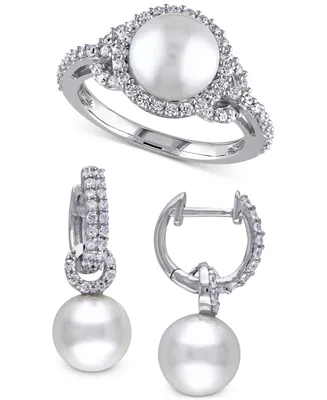 2-Pc. Set Cultured Freshwater Pearl (8-9mm) & Cubic Zirconia Dangle Hoop Earrings Halo Ring Sterling Silver