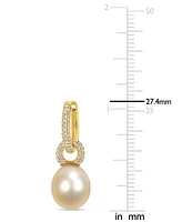 Cultured Golden South Sea Oval Pearl (9mm) & Diamond (1/2 ct. t.w.) Dangle Huggie Hoop Earrings in 14k Gold