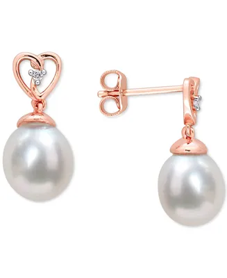 Cultured South Sea Oval Pearl (8-9mm) & White Topaz Accent Heart Drop Earrings in Rose-Tone Sterling Silver - Rose