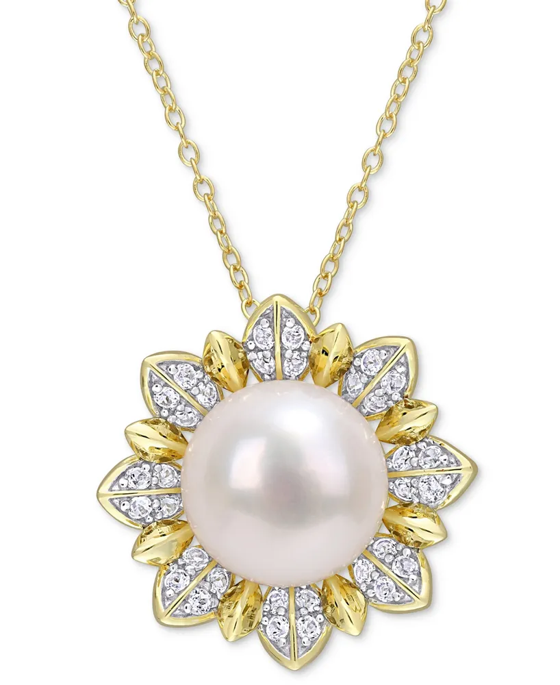 Cultured Freshwater Pearl (8-1/2mm) & White Topaz (1 ct. t.w.) Flower 18" Pendant Necklace in Gold-Tone Plated Sterling Silver