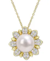 Cultured Freshwater Pearl (8-1/2mm) & White Topaz (1 ct. t.w.) Flower 18" Pendant Necklace in Gold-Tone Plated Sterling Silver