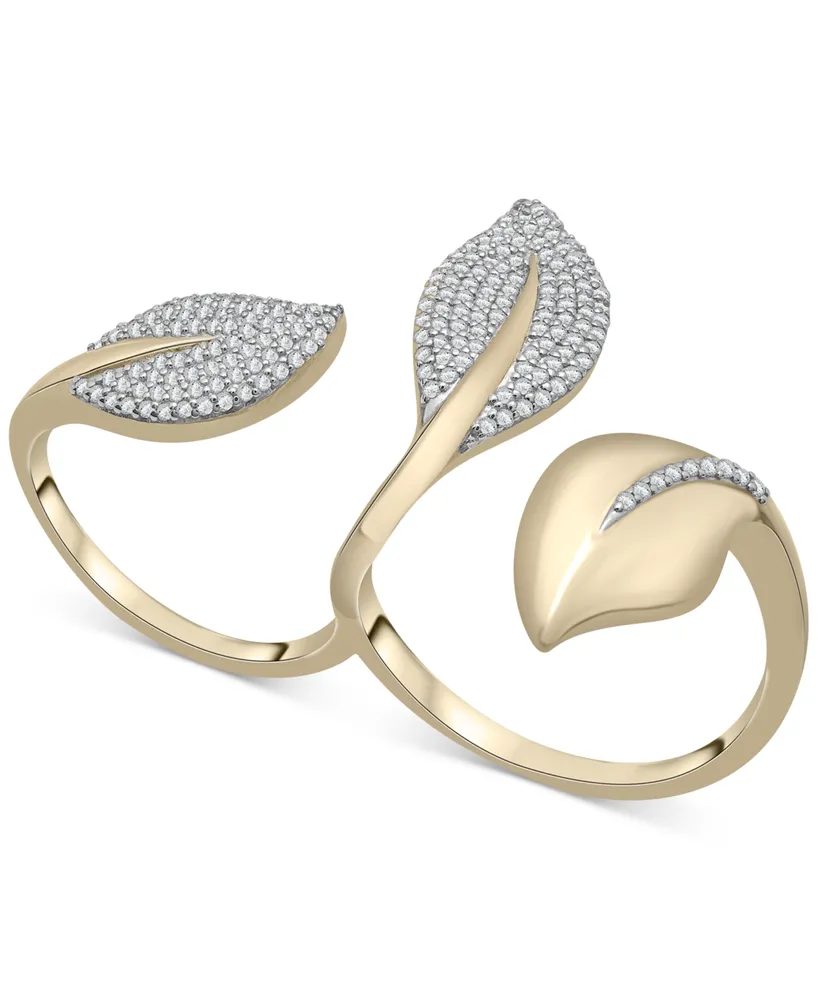 Wrapped Diamond Pave Leaf Open Cuff Double Ring (1/2 ct. t.w.) in 10k White or Yellow Gold, Created for Macy's