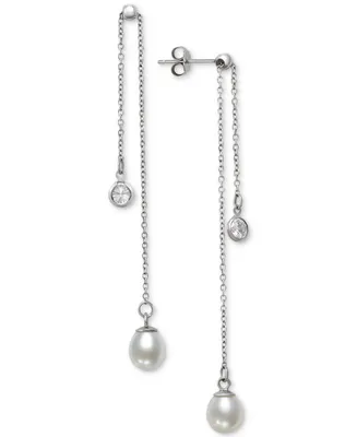 Belle de Mer Cultured Freshwater Pearl (6-7mm) & Cubic Zirconia Double Chain Drop Earrings in Sterling Silver, Created for Macy's