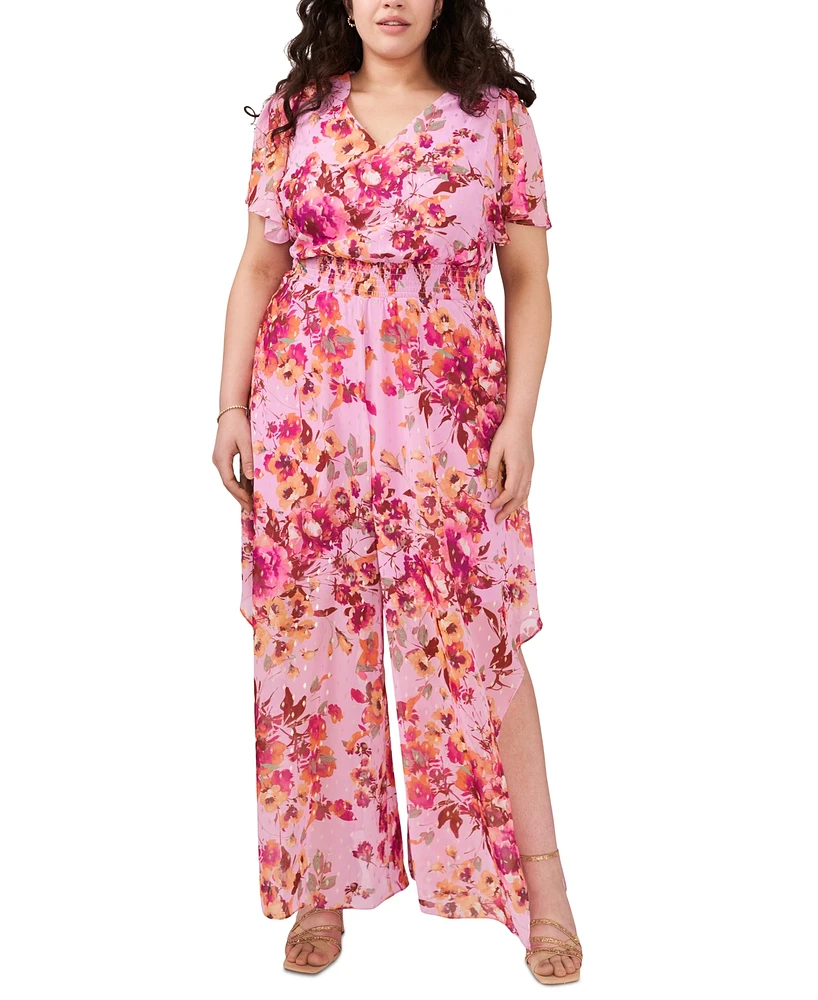 Msk Plus V-Neck Floral-Print Chiffon Jumpsuit