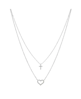 Unwritten Fine Silver Plated Cubic Zirconia Cross and Heart Layered Pendant Necklace - Silver