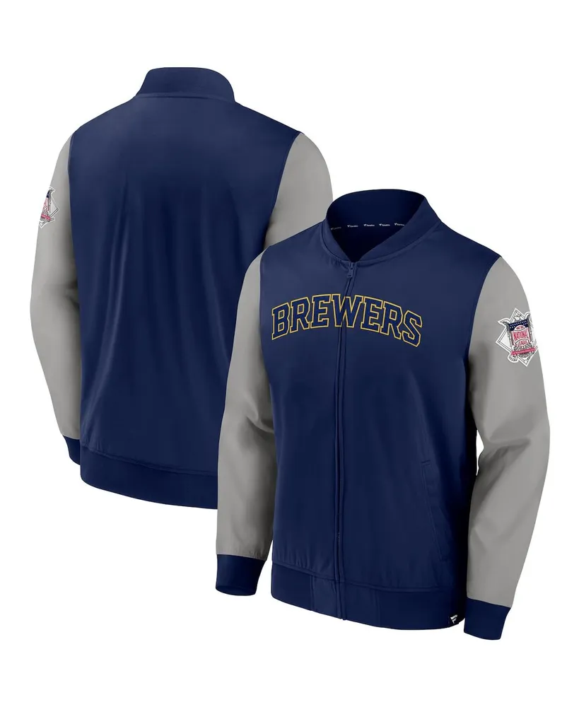 Men's Fanatics Navy, Gray Milwaukee Brewers Iconic Record Holder Woven Full-Zip Bomber Jacket