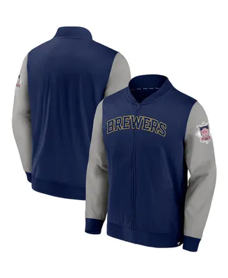 Men's Fanatics Navy, Gray Milwaukee Brewers Iconic Record Holder Woven Full-Zip Bomber Jacket