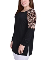 Plus Long Raglan Sleeve Tunic Top with Animal Print Insets