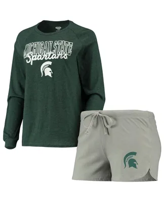 Women's Concepts Sport Green, Gray Michigan State Spartans Raglan Long Sleeve T-shirt and Shorts Sleep Set