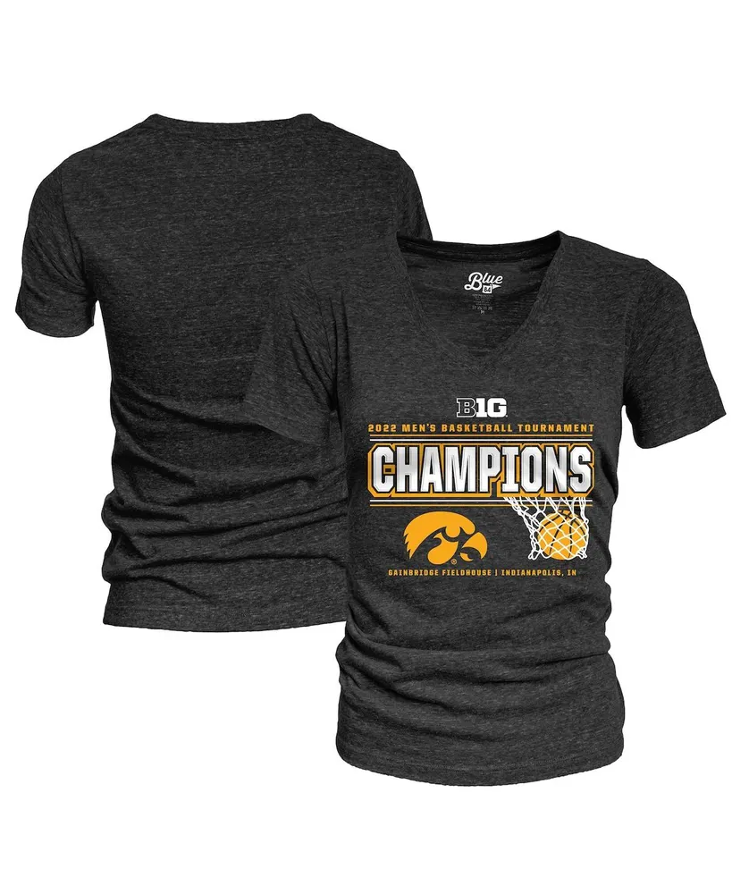 Women's Blue 84 Heathered Black Iowa Hawkeyes 2022 Big Ten Men's Basketball Conference Tournament Champions Locker Room V-Neck T-shirt