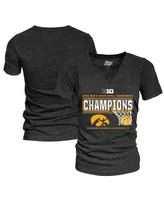 Women's Blue 84 Heathered Black Iowa Hawkeyes 2022 Big Ten Men's Basketball Conference Tournament Champions Locker Room V-Neck T-shirt