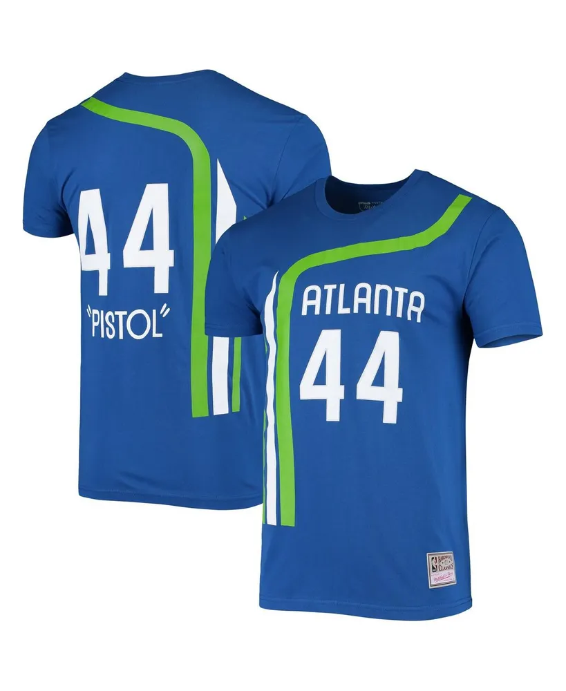 Men's Mitchell & Ness Pete Maravich Blue Atlanta Hawks Hardwood Classics Stitch Name and Number T-shirt