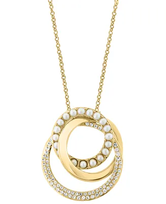 Effy Cultured Freshwater Pearl (2mm) & Diamond (1/3 ct. t.w.) Interlocking Circle 18" Pendant Necklace in 14k Gold
