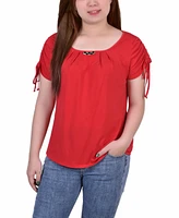 Petite Size Short Ruched Sleeve Top with Pleats