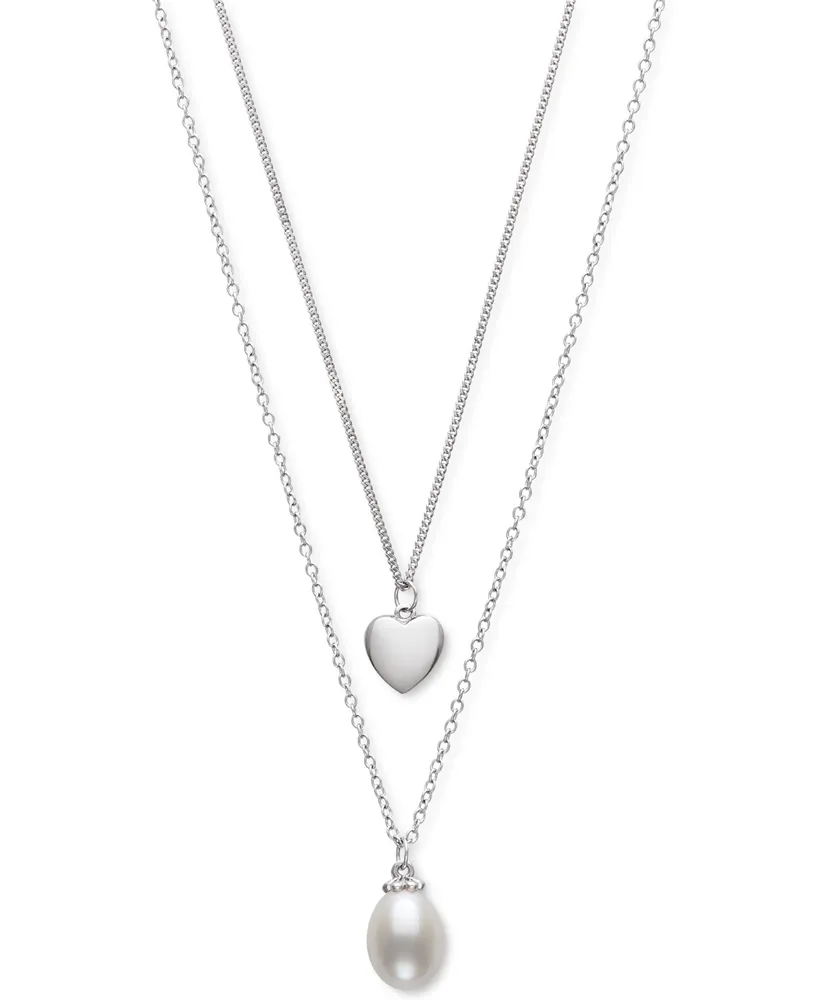 Belle de Mer Cultured Freshwater Pearl (8mm) & Polished Heart Layered Necklace in Sterling Silver, 16" + 1" extender