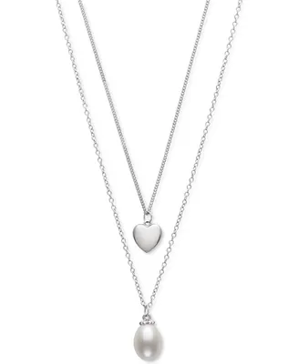 Belle de Mer Cultured Freshwater Pearl (8mm) & Polished Heart Layered Necklace in Sterling Silver, 16" + 1" extender