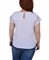 Ny Collection Plus Size Short Sleeve Lace and Crepe Top