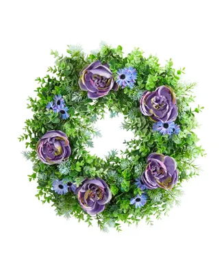 Rose, Daisy and Greens Artificial Wreath, 22"