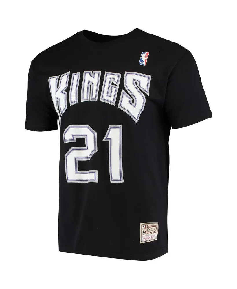 Men's Mitchell & Ness Vlade Divac Black Sacramento Kings Hardwood Classics Stitch Name and Number T-shirt