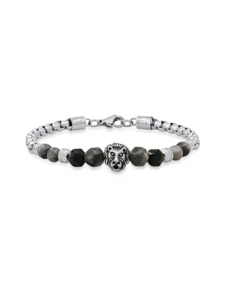 Steeltime Men's Stainless Steel Curb Chain Link Bracelet and Black or Gray Agate Stones with Lion Charm