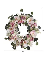 Hydrangea and Magnolia Artificial Wreath, 20"