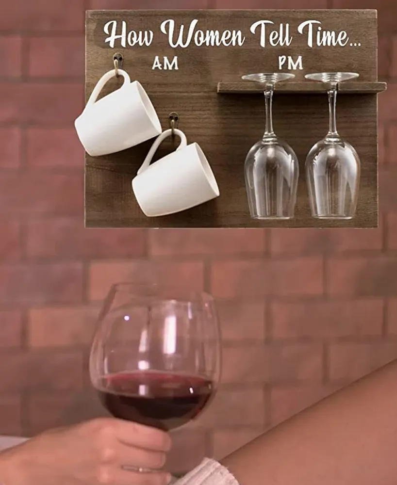 How Woman Tell Time Wall Mounted Wine Rack with Wine Glasses and Coffee Mugs, Set of 5