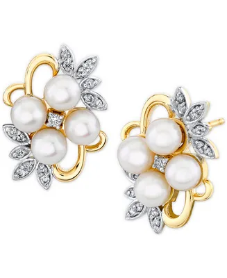 Cultured Freshwater Pearl (4mm) & Diamond (1/6 ct. t.w.) Flower Cluster Stud Earrings in 10k Gold