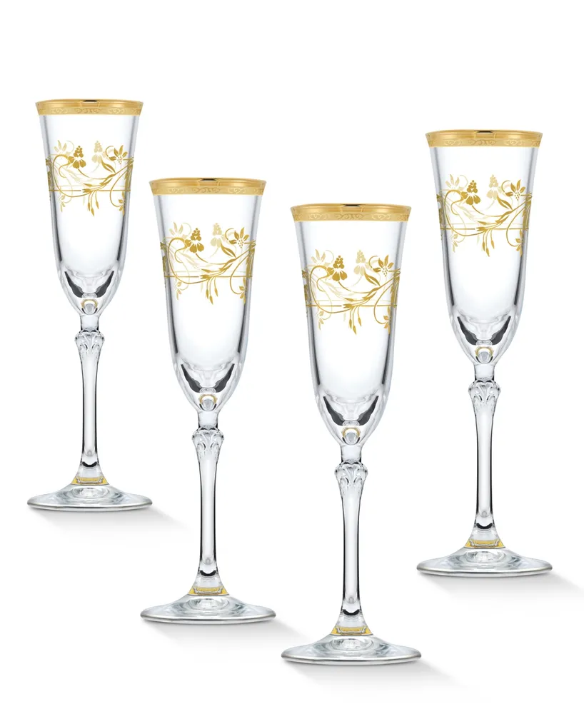 Lorren Home Trends Gold Embellished Champagne Flutes with Gold Rings, Set of 4