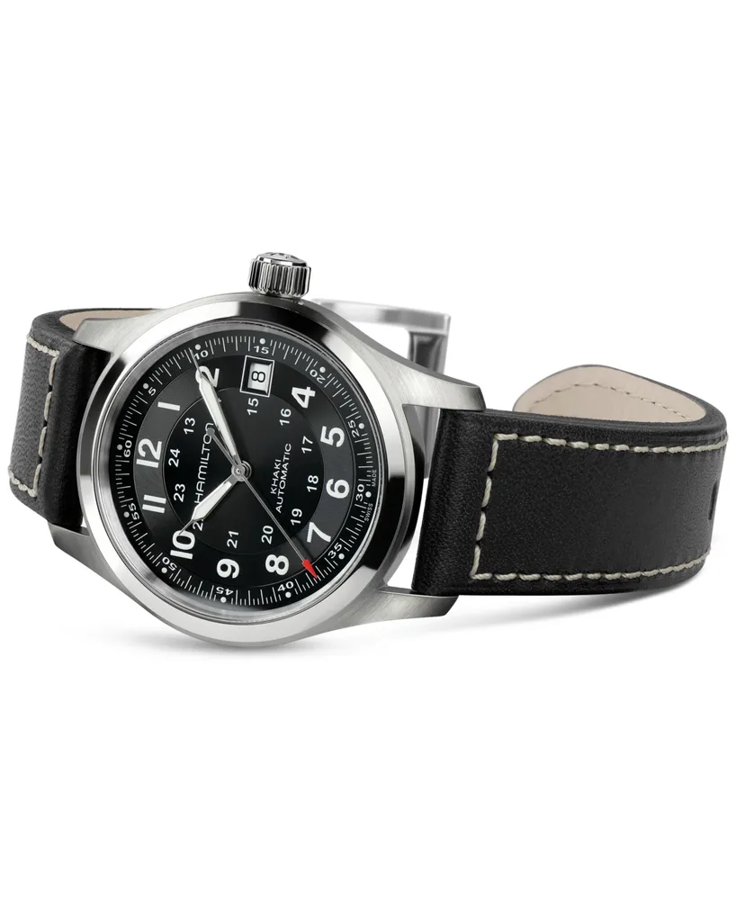 Hamilton Men's Swiss Automatic Khaki Field Black Leather Strap Watch 38mm