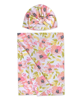 Baby Girls Soft Floral Print Swaddle Wrap Blanket with Matching Turban, 2 Piece Set