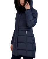 Tahari Womens Velvet Bibbed Faux-Fur Hooded Puffer Coat