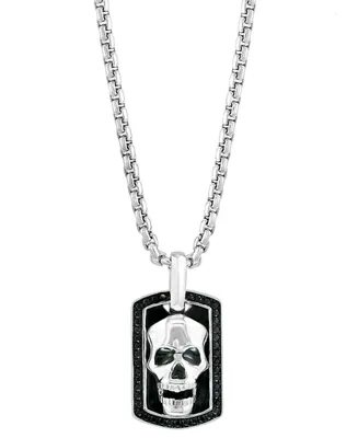 Effy Men's Black Spinel Skull Dog Tag 22" Pendant Necklace in Sterling Silver & Black Rhodium