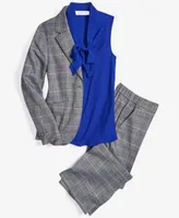 Kasper Womens Glen Plaid Two Button Blazer Sleeveless Bow Neck Top Glen Plaid Pull On Pants
