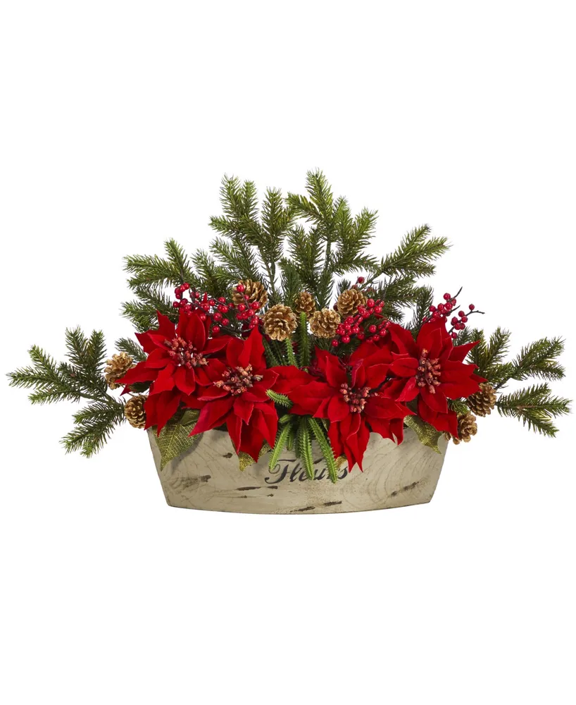 Poinsettia, Succulent and Pine Artificial Arrangement in Decorative Vase, 25"