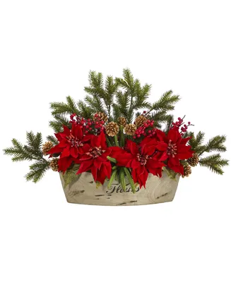 Poinsettia, Succulent and Pine Artificial Arrangement in Decorative Vase, 25"