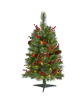 Norway Mixed Pine Artificial Christmas Tree with Lights, Pine Cones and Berries, 36"