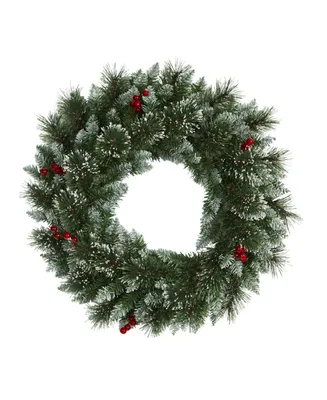 Frosted Swiss Pine Artificial Wreath with Lights and Berries, 24"