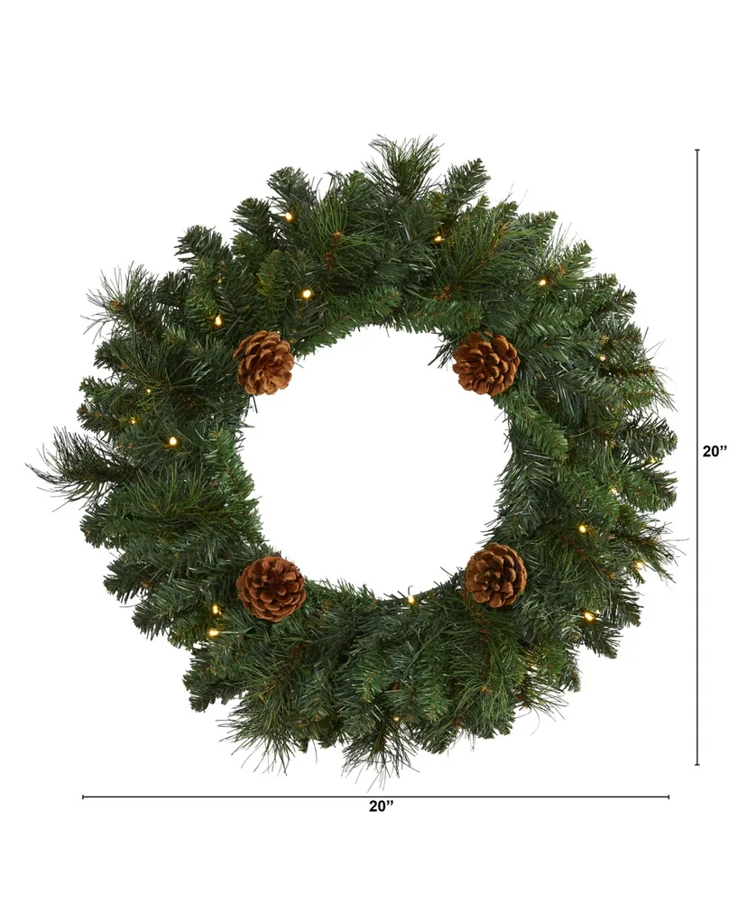 Pine Artificial Christmas Wreath with Lights and Pinecones, 20"