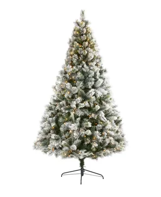 Flocked Oregon Pine Artificial Christmas Tree with Lights and Bendable Branches, 96"