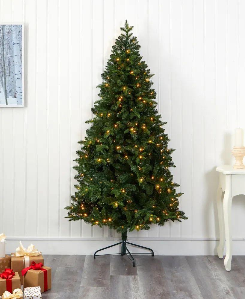 Grand Teton Spruce Flat Back Artificial Christmas Tree with Lights and Bendable Branches, 84"