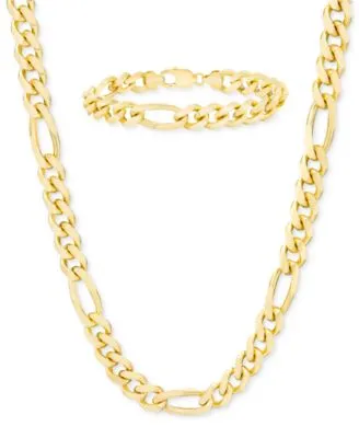 Mens Figaro Link Chain Necklace Bracelet Collection In 14k Gold Plated Sterling Silver