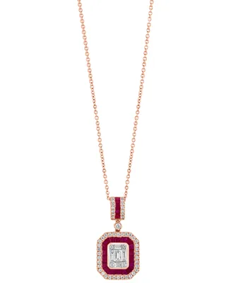 Effy Ruby (7/8 ct. t.w.) & Diamond (5/8 ct. t.w.) Baguette Cluster 18" Pendant Necklace in 14k Rose Gold